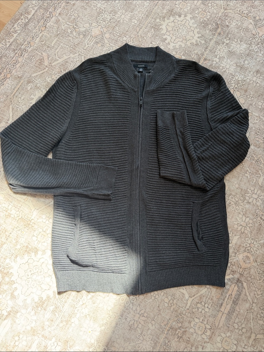 Alfani Men's Charcoal Ribbed Full-Zip Sweater